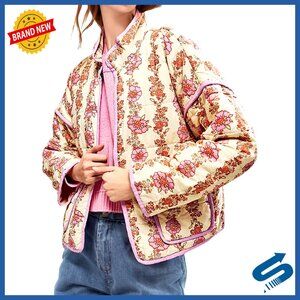 Cropped Puffer Jacket Floral Print Quilted Lightweight Open Front